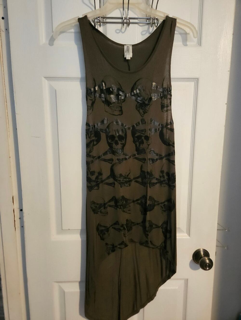 Woman's skull tank dress Dark olive with black skulls size S